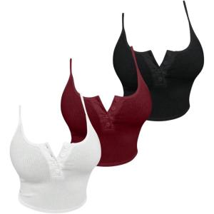 image:imageSOLY HUX Womens Button Down Ribbed Cami Top 3 Piece Spaghetti Strap Sexy Crop Camisole TopsWhite Burgundy Black