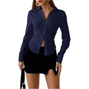 image:imageSOLY HUX Womens Button Down Ruched Blouse Long Sleeve Shirts Slim Fit Aesthetic TopsDark Blue