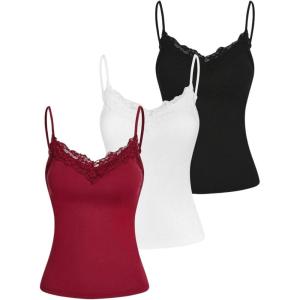 image:imageSOLY HUX Womens Camisole Tops with Built in Bra 3 Packs Lace Trim Spaghetti Strap Cami Tank TopBurgundy White Black
