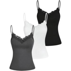 image:imageSOLY HUX Womens Camisole Tops with Built in Bra 3 Packs Lace Trim Spaghetti Strap Cami Tank TopDark Grey White Black