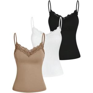 image:imageSOLY HUX Womens Camisole Tops with Built in Bra 3 Packs Lace Trim Spaghetti Strap Cami Tank TopKhaki White Black