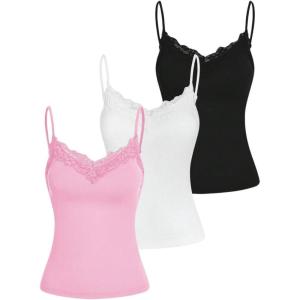 image:imageSOLY HUX Womens Camisole Tops with Built in Bra 3 Packs Lace Trim Spaghetti Strap Cami Tank TopPink White Black