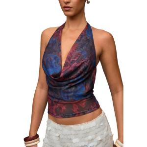 image:imageSOLY HUX Womens Cowl Neck Halter Tops Mesh Floral Deep V Neck Draped Front Backless Summer Going Out Crop Tank TopsBlue and Red Floral