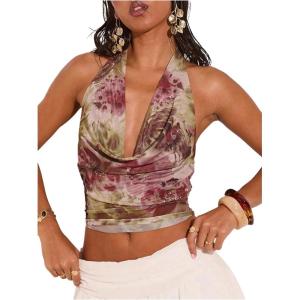 image:imageSOLY HUX Womens Cowl Neck Halter Tops Mesh Floral Deep V Neck Draped Front Backless Summer Going Out Crop Tank TopsMulticoloured