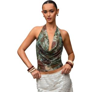 image:imageSOLY HUX Womens Cowl Neck Halter Tops Mesh Floral Deep V Neck Draped Front Backless Summer Going Out Crop Tank TopsOlive Green Floral