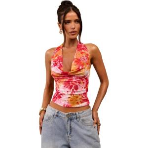 image:imageSOLY HUX Womens Cowl Neck Halter Tops Mesh Floral Deep V Neck Draped Front Backless Summer Going Out Crop Tank TopsRed and Yellow Floral