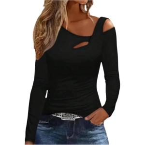 image:imageSOLY HUX Womens Cut Out Cold Shoulder Tops Long Sleeve Fitted Asymmetrical Going Out T ShirtsPlain Black