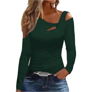 image:imageSOLY HUX Womens Cut Out Cold Shoulder Tops Long Sleeve Fitted Asymmetrical Going Out T ShirtsPure Dark Green