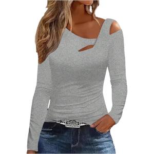 image:imageSOLY HUX Womens Cut Out Cold Shoulder Tops Long Sleeve Fitted Asymmetrical Going Out T ShirtsPure Grey