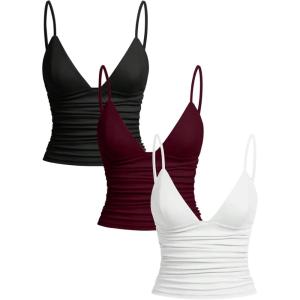 image:imageSOLY HUX Womens Deep V Neck Spaghetti Strap Crop Top 3 Packs Camisole Summer Layer Cami ShirtsBlack Burgundy White