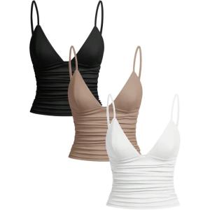 image:imageSOLY HUX Womens Deep V Neck Spaghetti Strap Crop Top 3 Packs Camisole Summer Layer Cami ShirtsWhite Khaki Black