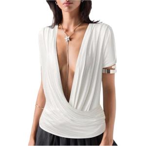 image:imageSOLY HUX Womens Deep V Neck T Shirts Short Sleeve Draped Fitted Sexy Tops Summer Date Night OutfitPlain White