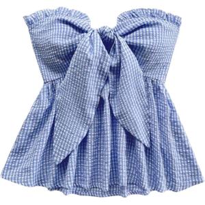 image:imageSOLY HUX Womens Frill Trim Tie Front Tube Top Sleeveless Strapless Ruffle Summer TopsBlue and White