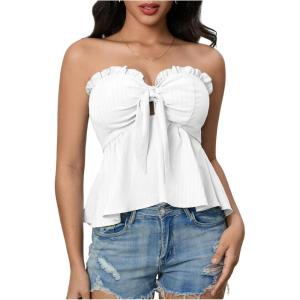 image:imageSOLY HUX Womens Frill Trim Tie Front Tube Top Sleeveless Strapless Ruffle Summer TopsPure White