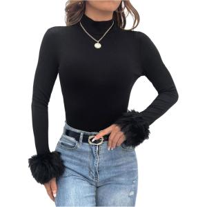image:imageSOLY HUX Womens Fuzzy Mock Neck T Shirt Long Sleeve Fitted Ribbed Knit Tee TopsSolid Black
