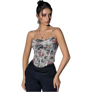 image:imageSOLY HUX Womens Graphic Figure Ruffled Bust Bustier Renaissance Cami Top Sleeveless Slim Fit Y2K Corset Crop TopsApricot Printed