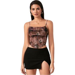 image:imageSOLY HUX Womens Graphic Figure Ruffled Bust Bustier Renaissance Cami Top Sleeveless Slim Fit Y2K Corset Crop TopsDark Khaki Printed