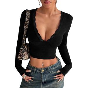 image:imageSOLY HUX Womens Lace Deep V Neck T Shirt Long Sleeve Slim Fitted Tee Going Out Crop TopsPlain Black