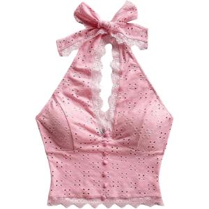 image:imageSOLY HUX Womens Lace Halter Top Deep V Open Back Crop Tank Going Out Vest Shirts Coquette ClothesPlain Pink