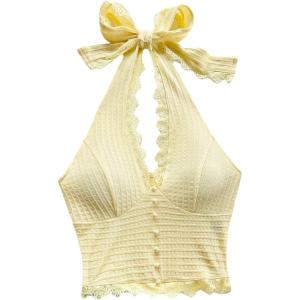 image:imageSOLY HUX Womens Lace Halter Top Deep V Open Back Crop Tank Going Out Vest Shirts Coquette ClothesPlain Yellow