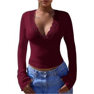 image:imageSOLY HUX Womens Lace Long Sleeve Tops Deep V Neck Tight T Shirts Going Out OutfitsPlaid Burgundy