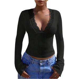 image:imageSOLY HUX Womens Lace Long Sleeve Tops Deep V Neck Tight T Shirts Going Out OutfitsPure Black