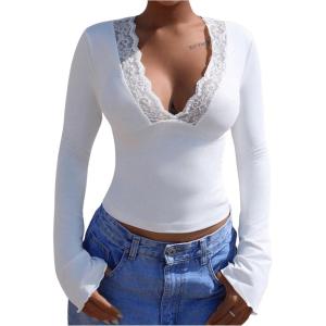 image:imageSOLY HUX Womens Lace Long Sleeve Tops Deep V Neck Tight T Shirts Going Out OutfitsPure White