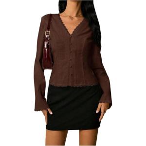 image:imageSOLY HUX Womens Lace V Neck Long Sleeve Blouse Elegant Tie Back Button Down Fitted Shirt TopsCoffee Brown