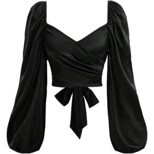 image:imageSOLY HUX Womens Lantern Long Sleeve Wrap Ruched Bow Tie Blouse Sweetheart Neck Satin Going Out Crop TopsPlain Black