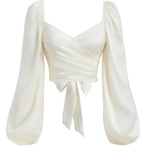 image:imageSOLY HUX Womens Lantern Long Sleeve Wrap Ruched Bow Tie Blouse Sweetheart Neck Satin Going Out Crop TopsPlain White