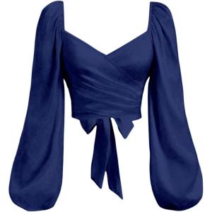 image:imageSOLY HUX Womens Lantern Long Sleeve Wrap Ruched Bow Tie Blouse Sweetheart Neck Satin Going Out Crop TopsPure Dark Blue