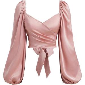 image:imageSOLY HUX Womens Lantern Long Sleeve Wrap Ruched Bow Tie Blouse Sweetheart Neck Satin Going Out Crop TopsPure Pink