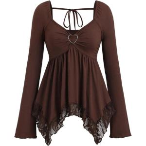 image:imageSOLY HUX Womens Long Sleeve Peplum Tops Babydoll Lace Sweetheart Neck Ruffle Asymmetrical Tee Fall Going Out T ShirtPure Coffee Brown