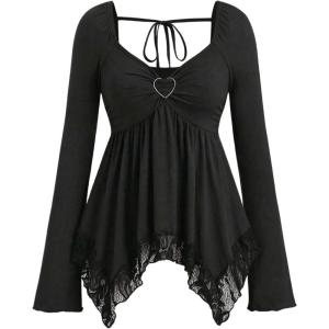 image:imageSOLY HUX Womens Long Sleeve Peplum Tops Babydoll Lace Sweetheart Neck Ruffle Asymmetrical Tee Fall Going Out T ShirtSolid Black