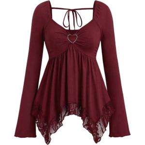 image:imageSOLY HUX Womens Long Sleeve Peplum Tops Babydoll Lace Sweetheart Neck Ruffle Asymmetrical Tee Fall Going Out T ShirtSolid Burgundy