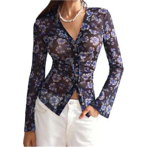 image:imageSOLY HUX Womens Long Sleeve Shirts Boho Floral Print Blouses Button Down V Neck Fitted TopsBlack Blue Floral