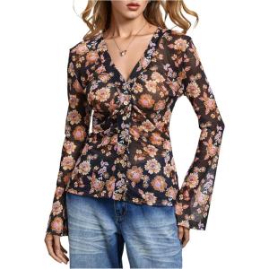 image:imageSOLY HUX Womens Long Sleeve Shirts Boho Floral Print Blouses Button Down V Neck Fitted TopsBlack Floral