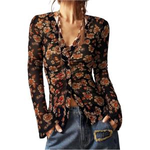 image:imageSOLY HUX Womens Long Sleeve Shirts Boho Floral Print Blouses Button Down V Neck Fitted TopsBlack Flowers