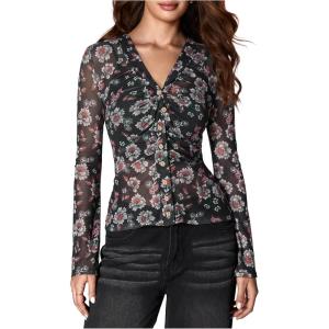 image:imageSOLY HUX Womens Long Sleeve Shirts Boho Floral Print Blouses Button Down V Neck Fitted TopsBlack and Pink Floral