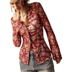 image:imageSOLY HUX Womens Long Sleeve Shirts Boho Floral Print Blouses Button Down V Neck Fitted TopsBrown Floral