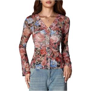 image:imageSOLY HUX Womens Long Sleeve Shirts Boho Floral Print Blouses Button Down V Neck Fitted TopsMulti Floral