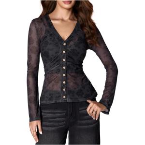 image:imageSOLY HUX Womens Long Sleeve Shirts Boho Floral Print Blouses Button Down V Neck Fitted TopsPure Black Floral