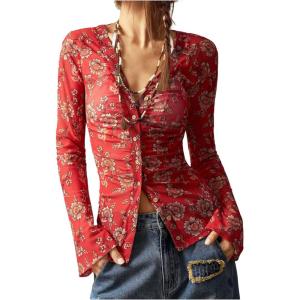 image:imageSOLY HUX Womens Long Sleeve Shirts Boho Floral Print Blouses Button Down V Neck Fitted TopsRed Floral