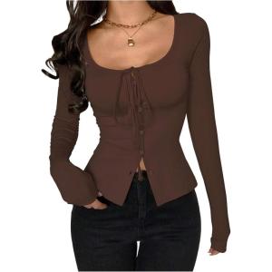 image:imageSOLY HUX Womens Long Sleeve Shirts Bow Tie Button Down Scoop Neck TShirt Aesthetic Going Out TopsCoffee Brown