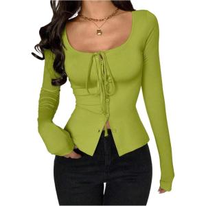 image:imageSOLY HUX Womens Long Sleeve Shirts Bow Tie Button Down Scoop Neck TShirt Aesthetic Going Out TopsPlain Olive Green