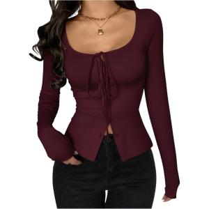 image:imageSOLY HUX Womens Long Sleeve Shirts Bow Tie Button Down Scoop Neck TShirt Aesthetic Going Out TopsPure Burgundy