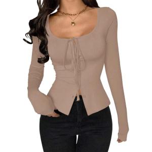 image:imageSOLY HUX Womens Long Sleeve Shirts Bow Tie Button Down Scoop Neck TShirt Aesthetic Going Out TopsPure Khaki