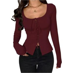 image:imageSOLY HUX Womens Long Sleeve Shirts Bow Tie Button Down Scoop Neck TShirt Aesthetic Going Out TopsSolid Burgundy