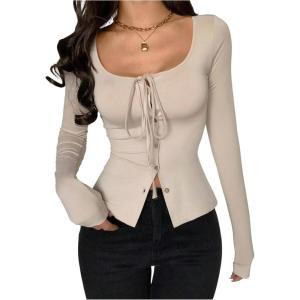 image:imageSOLY HUX Womens Long Sleeve Shirts Bow Tie Button Down Scoop Neck TShirt Aesthetic Going Out TopsSolid Khaki