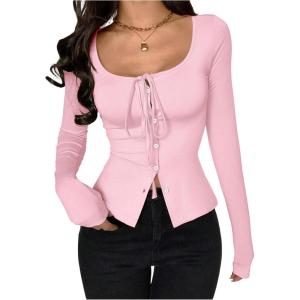 image:imageSOLY HUX Womens Long Sleeve Shirts Bow Tie Button Down Scoop Neck TShirt Aesthetic Going Out TopsSolid Pink